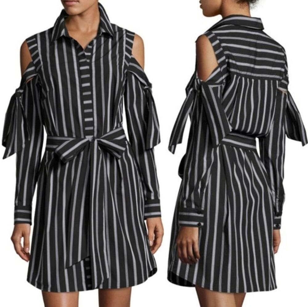 MILLY Riley Cold-Shoulder Striped Cotton Shirtdress Size 6 Black & Gray
